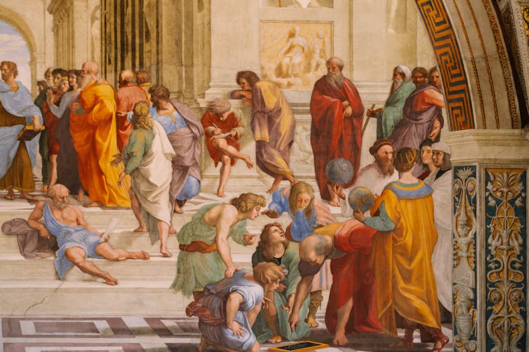 Iconic Renaissance fresco depicting ancient philosophers, located in the Vatican Museums.
